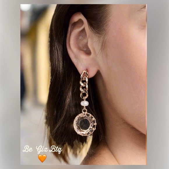 DANNIJO Authentic Sawyer Edgy Gold Chain Link Pearls & Crystals Loop Earrings - Picture 3 of 11